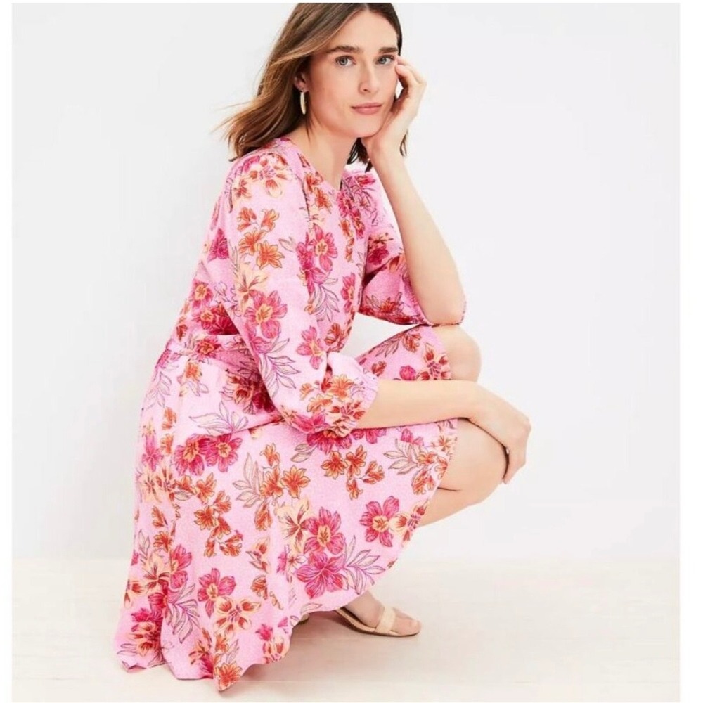 LOFT Lily Godet Puff Sleeve Mini Flare Dress Pink Size‎ Large